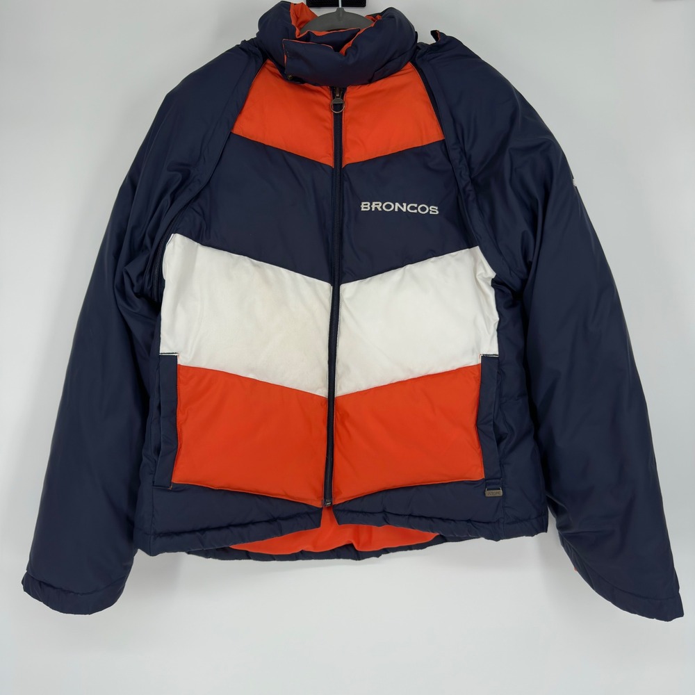 Vintage Reebok NFL Denver Broncos Convertible Puffer Jacket Vest Orange Mens L